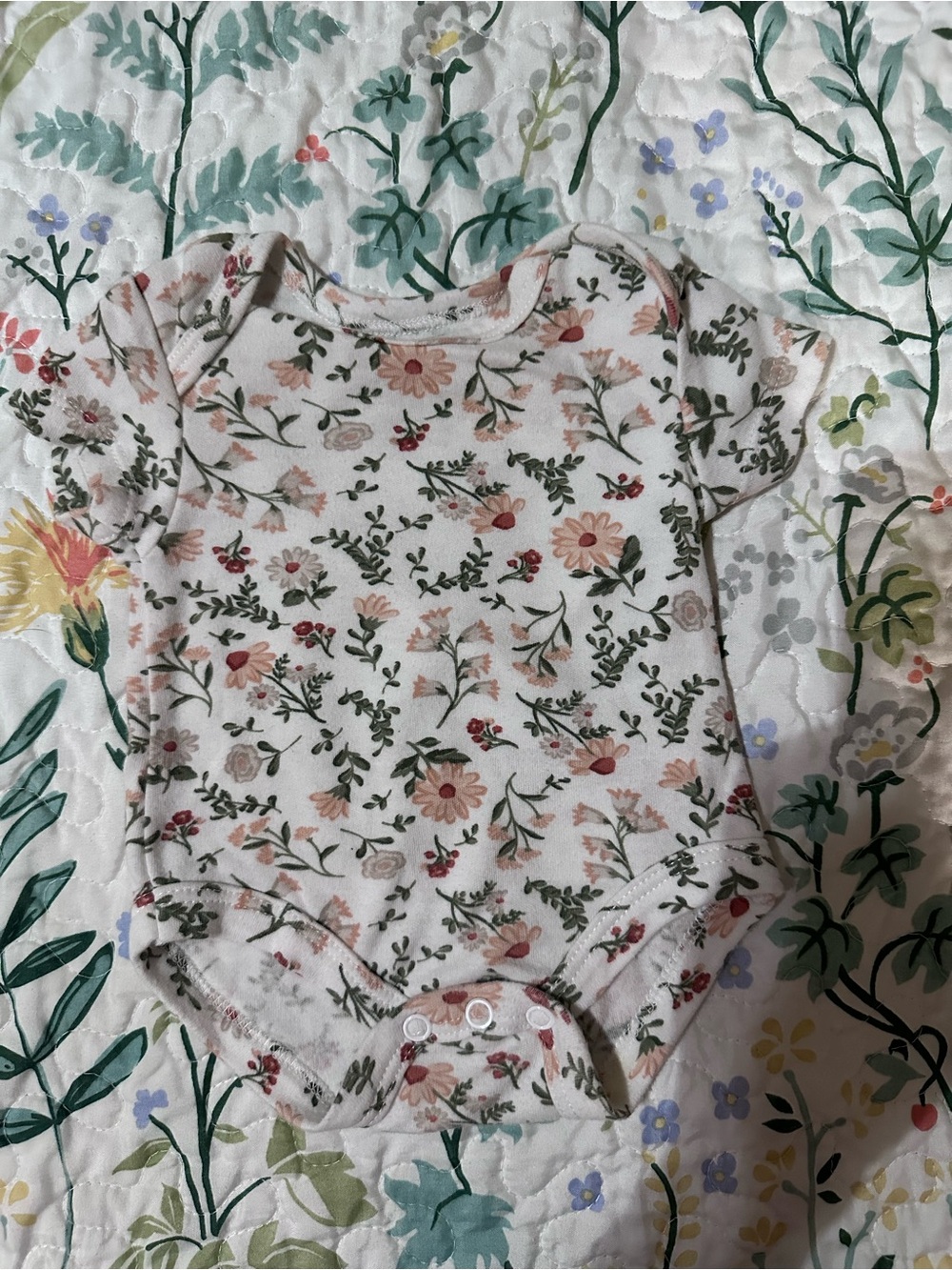 Baby Essentials Cream Floral One-Piece Bodysuit with Pink & Green Accents
